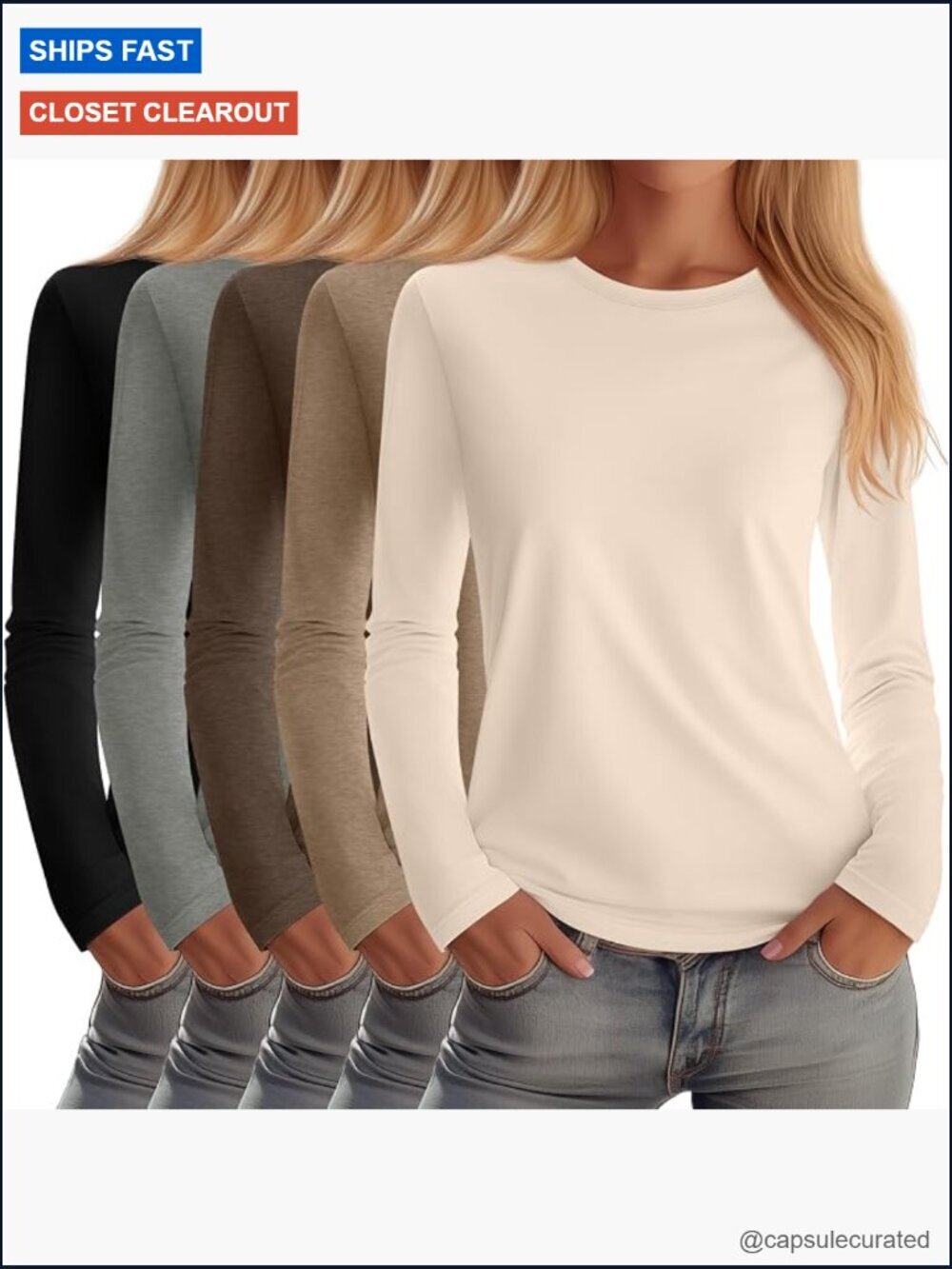 5 Pack Women's Crew Neck Long Sleeve Tees, Soft Cotton Blend Layering Tops